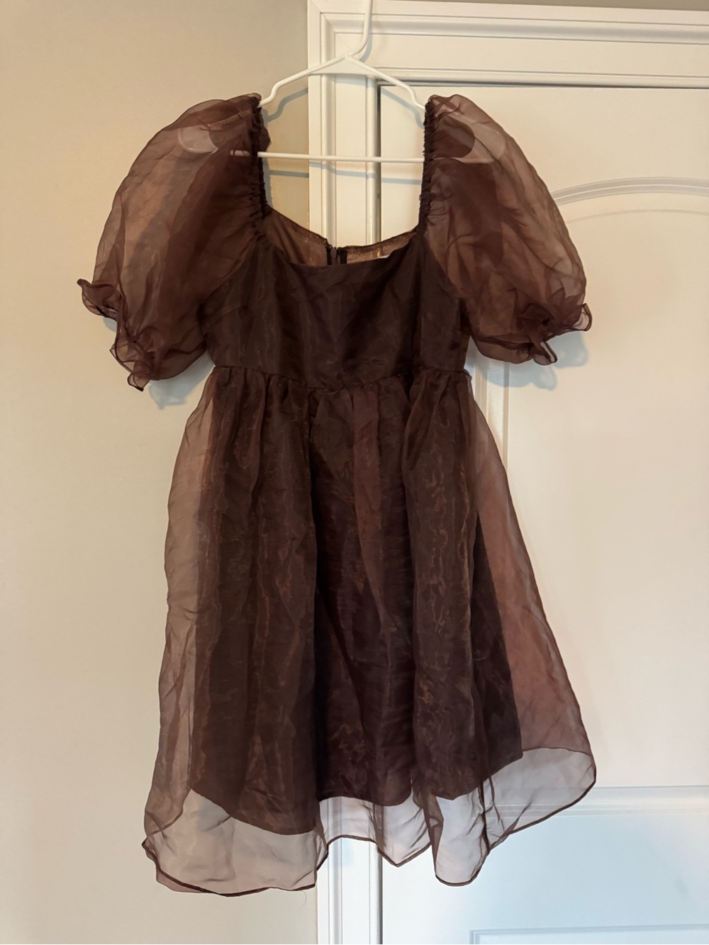 Sofie The Label Brown Organza Puff Sleeve Babydoll Mini Dress L